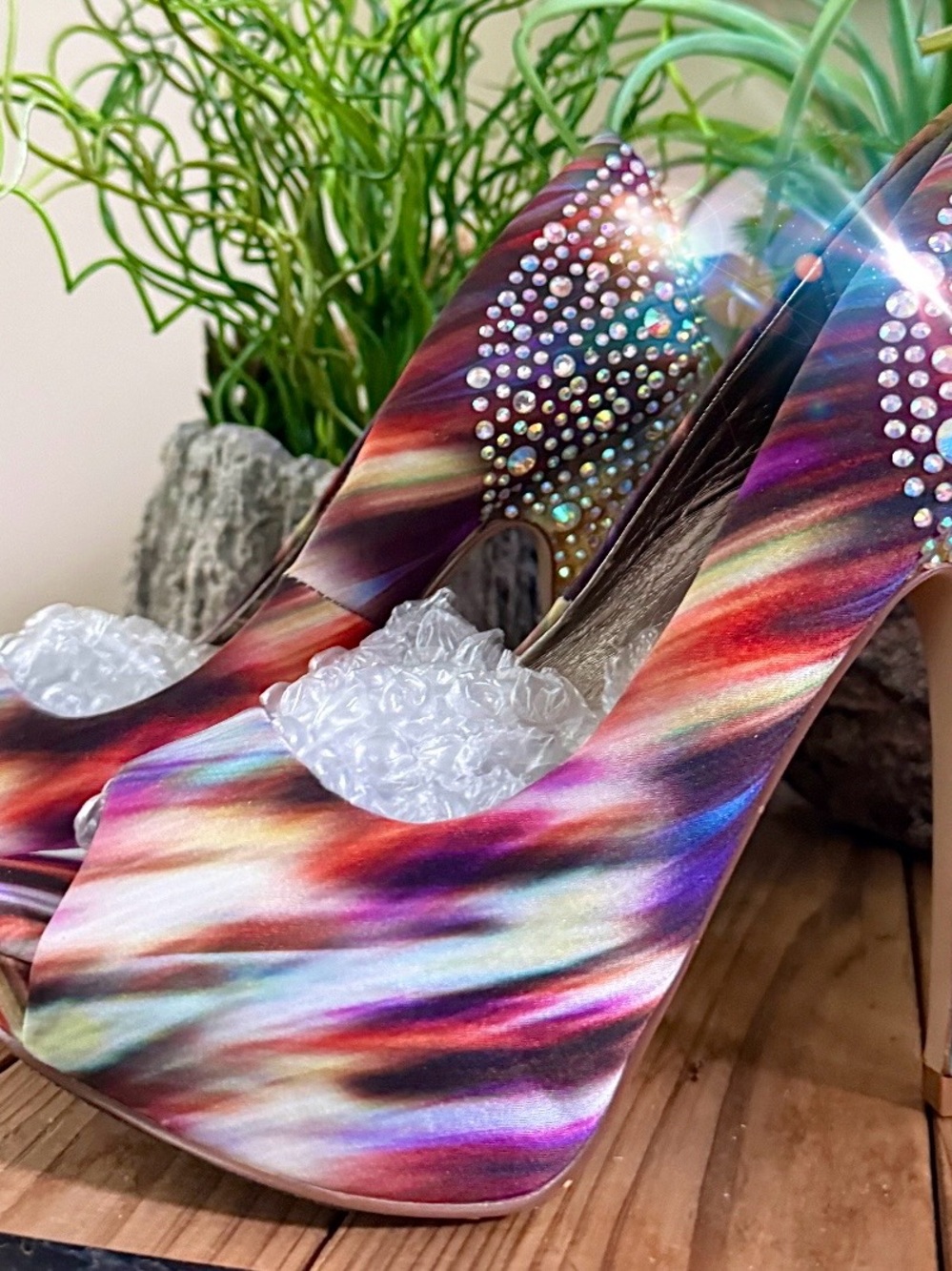 Motion-Blur Satin, Peep-Toe, Crystal Heels